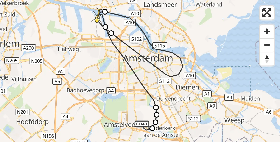 Routekaart van de vlucht: Lifeliner 1 naar Amsterdam Heliport, RAI-haven