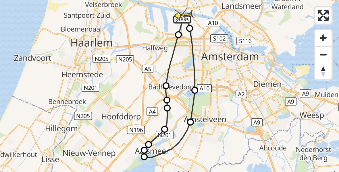 Routekaart van de vlucht: Lifeliner 1 naar Amsterdam Heliport, Nieuw-Zeelandweg