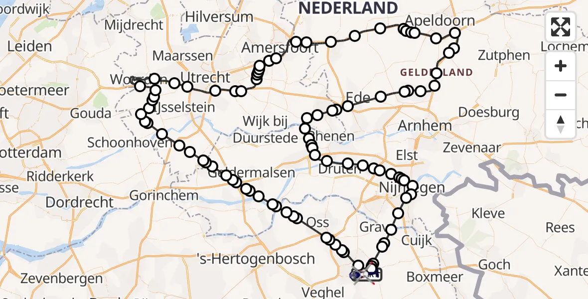 Vluchtroute Politiehelikopter van Vliegbasis Volkel naar Vliegbasis Volkel