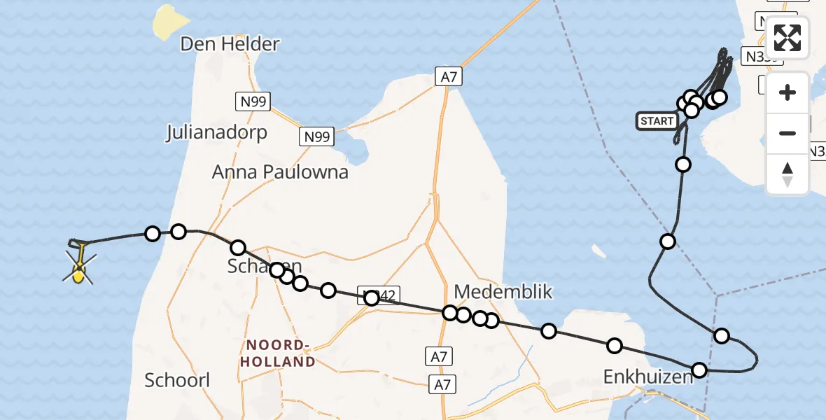 Routekaart van de vlucht: Kustwachthelikopter naar Vaargeul naar Stavoren