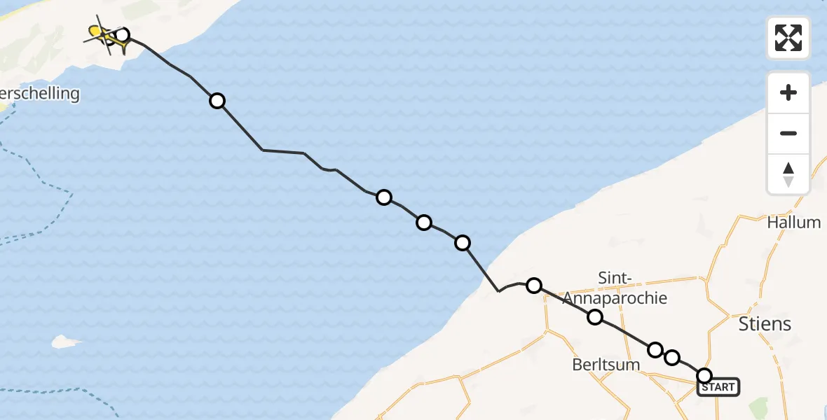 Routekaart van de vlucht: Ambulancehelikopter naar Midsland, Langestraat