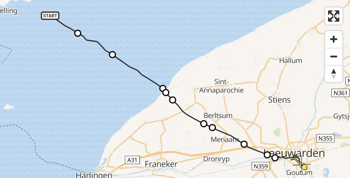 Routekaart van de vlucht: Ambulanceheli naar Leeuwarden, Noorder Balgen