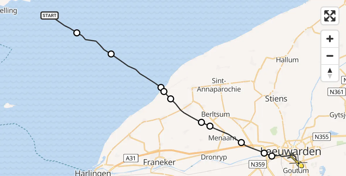 Routekaart van de vlucht: Ambulancehelikopter naar Leeuwarden, Noorder Balgen