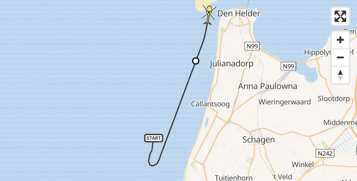 Routekaart van de vlucht: Kustwachthelikopter naar Den Helder, Schulpengat