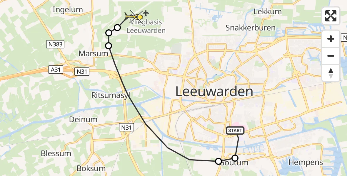 Routekaart van de vlucht: Ambulanceheli naar Vliegbasis Leeuwarden, Wergeasterdyk