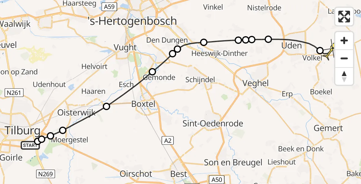 Routekaart van de vlucht: Lifeliner 3 naar Vliegbasis Volkel, Hoevensekanaaldijk