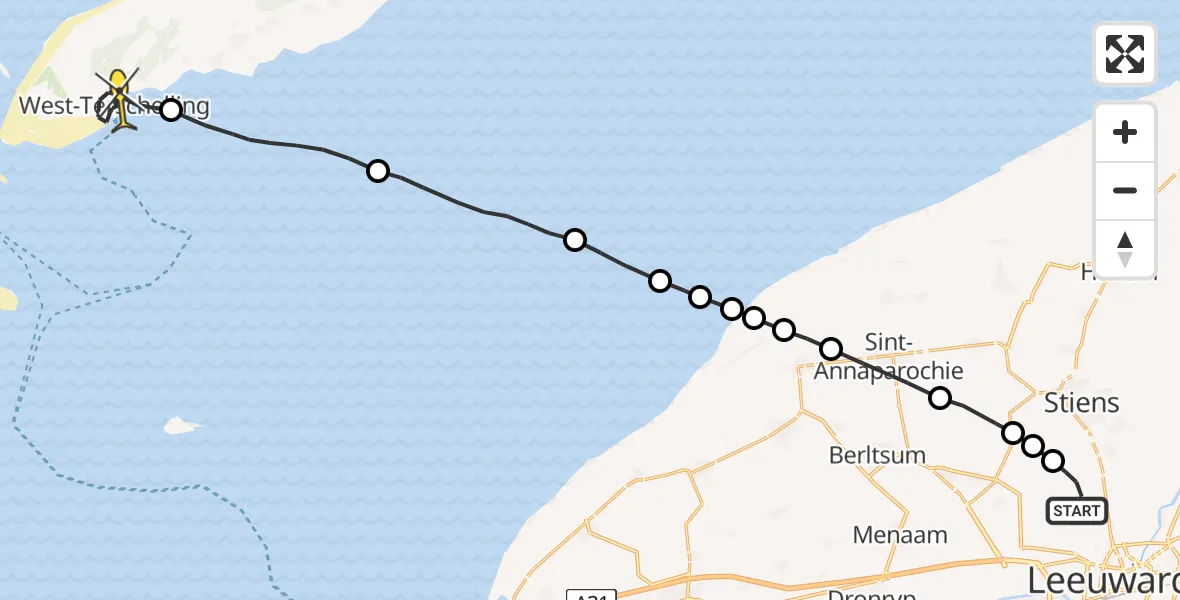 Routekaart van de vlucht: Ambulanceheli naar West-Terschelling, Keegsdijkje