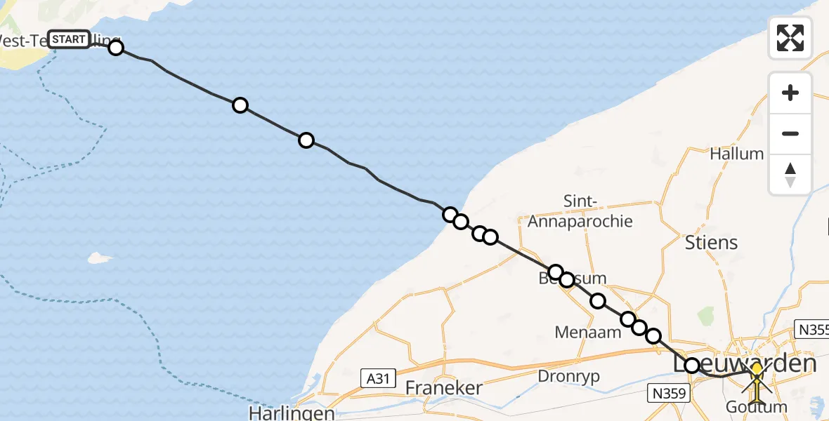 Routekaart van de vlucht: Ambulancehelikopter naar Leeuwarden, De Vleugel