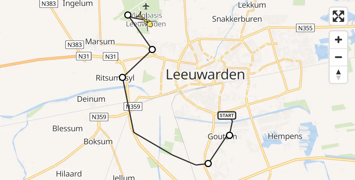 Routekaart van de vlucht: Ambulanceheli naar Vliegbasis Leeuwarden, Fjildpaad