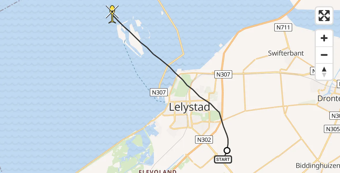 Routekaart van de vlucht: Ambulancehelikopter naar Lelystad, Vlotgrasweg