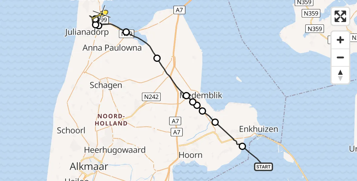 Routekaart van de vlucht: Ambulanceheli naar Vliegveld De Kooy, Rijksweg