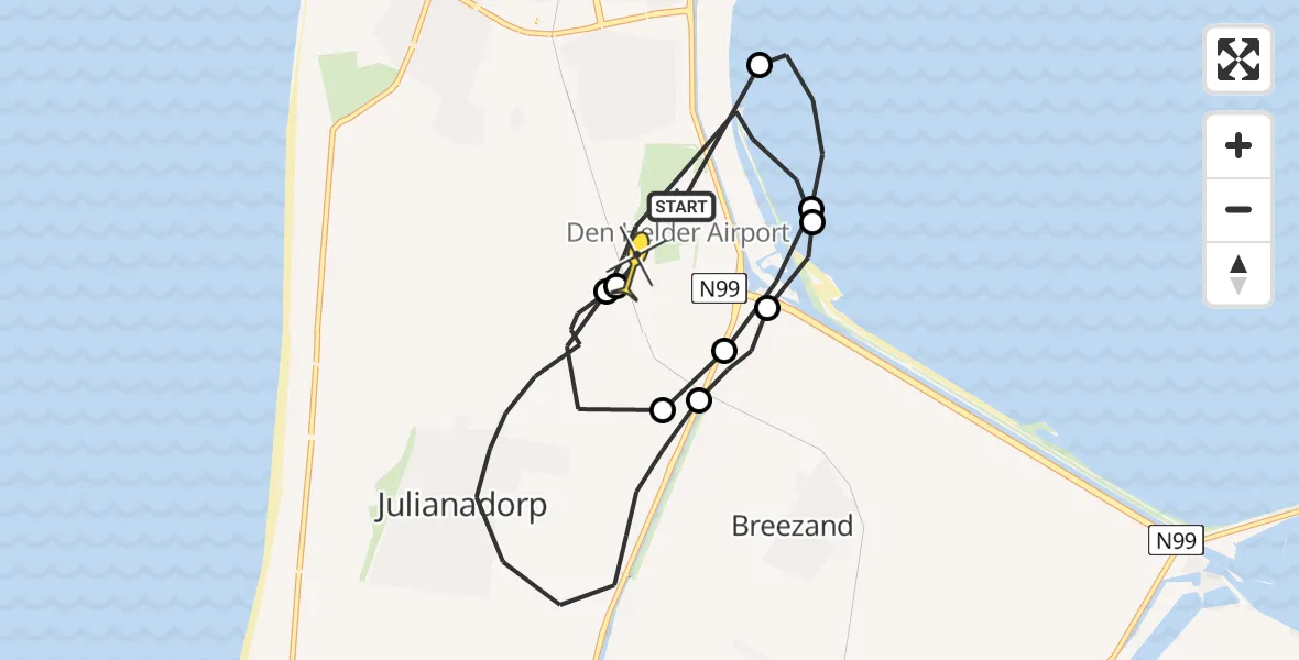 Vluchtroute Ambulancehelikopter van Vliegveld De Kooy naar Vliegveld De Kooy