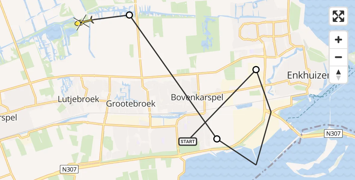 Routekaart van de vlucht: Politieheli naar Lutjebroek, Noordervoert