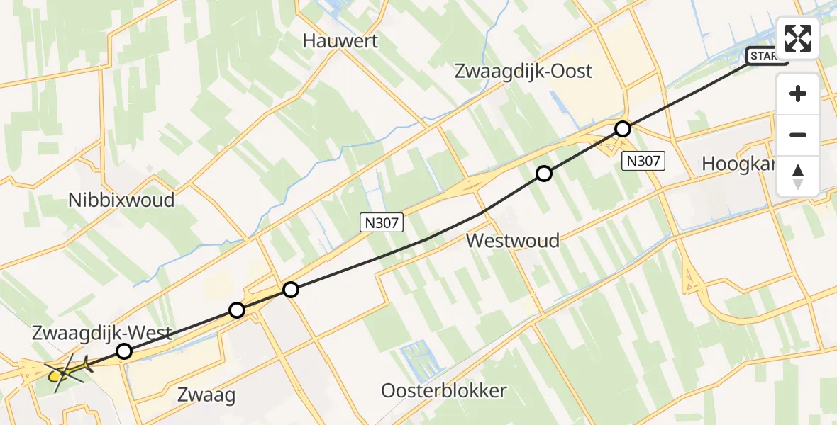 Routekaart van de vlucht: Politieheli naar Zwaag, Markerwaardweg