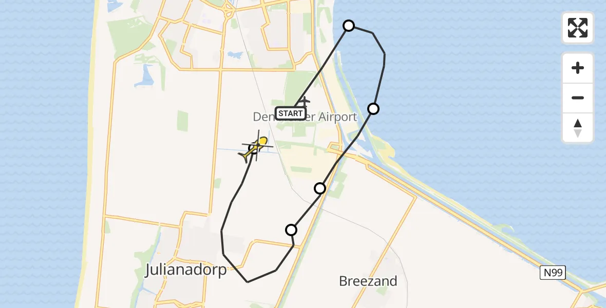 Vluchtroute Ambulancehelikopter van Vliegveld De Kooy naar Vliegveld De Kooy