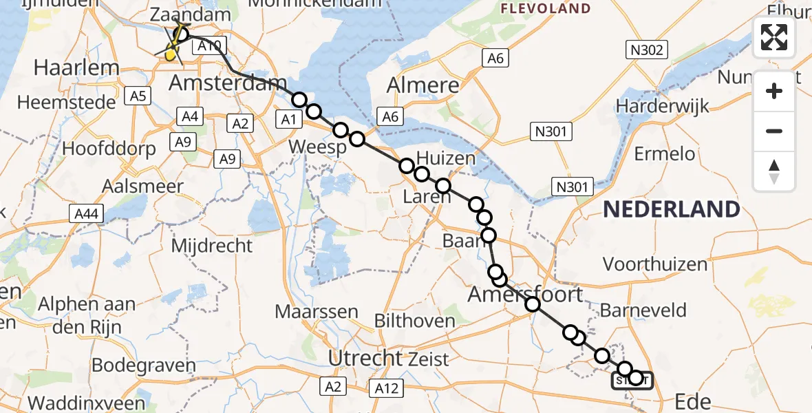 Routekaart van de vlucht: Lifeliner 1 naar Amsterdam Heliport, Zwetselaarseweg