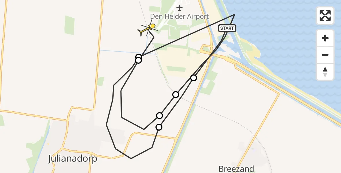 Routekaart van de vlucht: Ambulanceheli naar Vliegveld De Kooy, Koperslagersweg