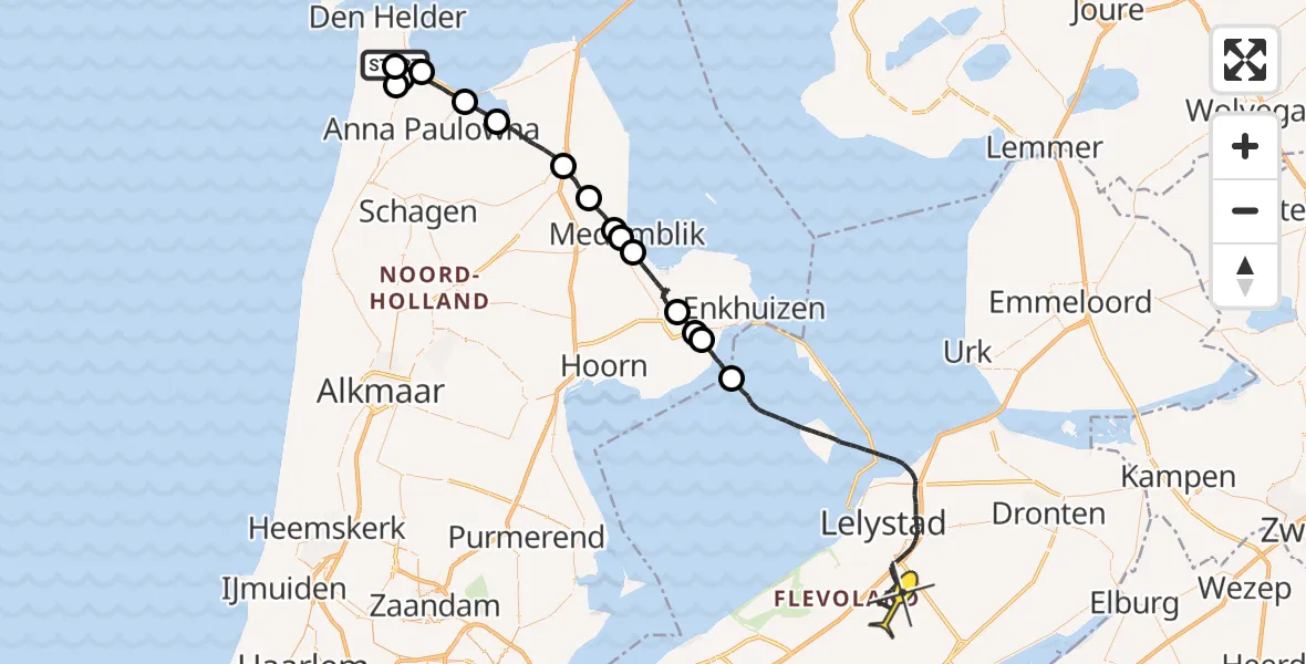 Routekaart van de vlucht: Ambulanceheli naar Lelystad, Oostoeverweg