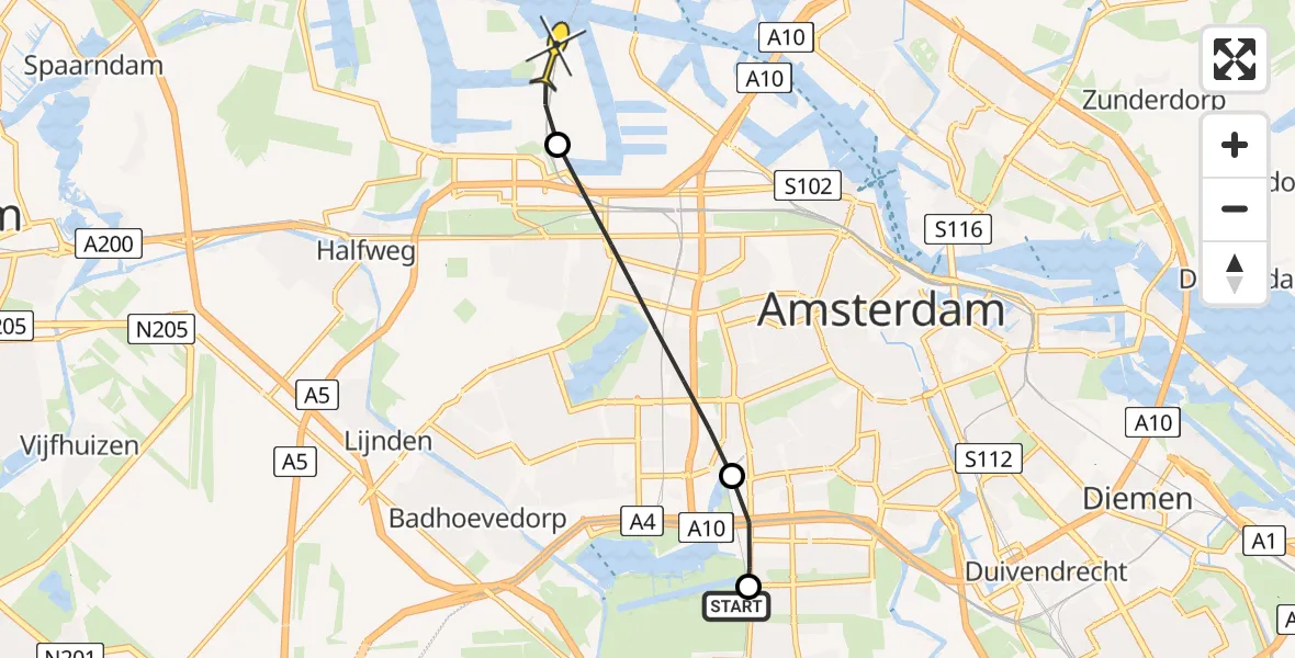 Routekaart van de vlucht: Lifeliner 1 naar Amsterdam Heliport, Ringweg-Zuid