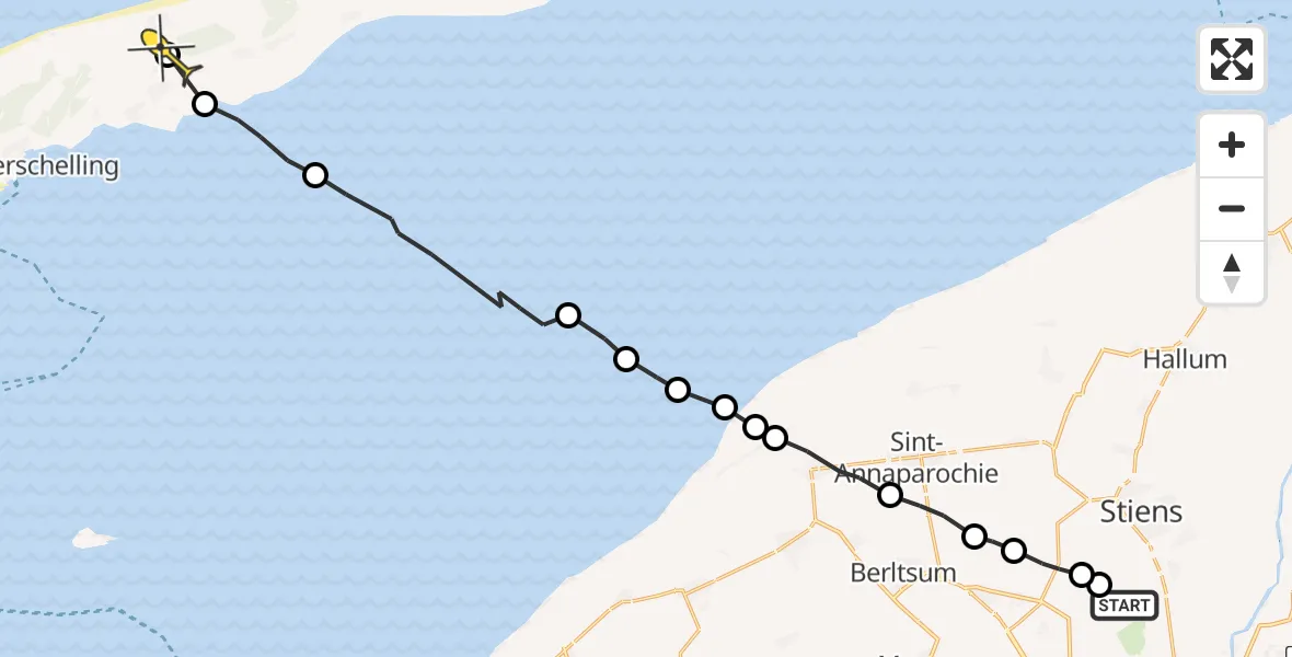 Routekaart van de vlucht: Ambulanceheli naar Midsland, Hogerhuisdyk