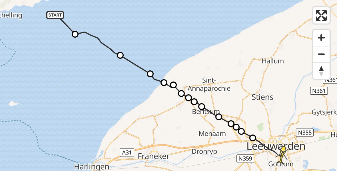 Routekaart van de vlucht: Ambulanceheli naar Leeuwarden, Borniastraat