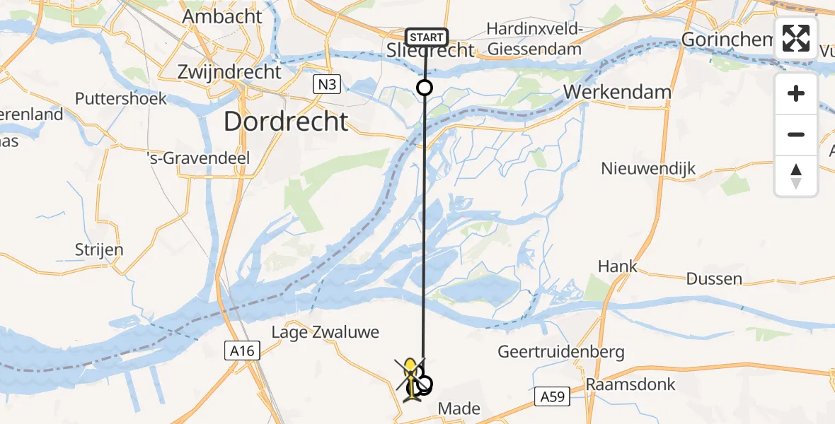 Routekaart van de vlucht: Politieheli naar Hooge Zwaluwe, Merwelanden