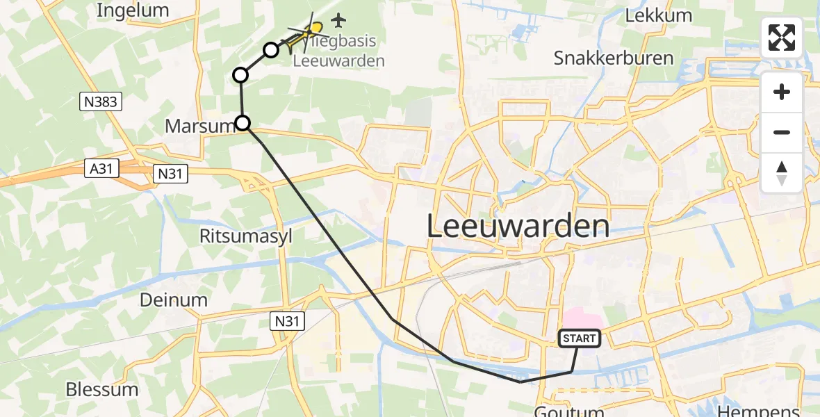 Vluchtroute Ambulancehelikopter van Leeuwarden naar Vliegbasis Leeuwarden