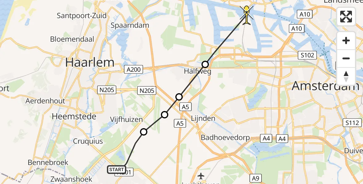 Routekaart van de vlucht: Lifeliner 1 naar Amsterdam Heliport, IJweg