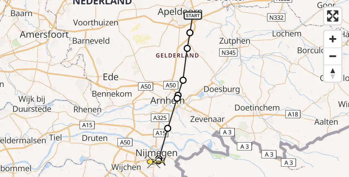 Routekaart van de vlucht: Lifeliner 3 naar Radboud Universitair Medisch Centrum, Het Oude Veen