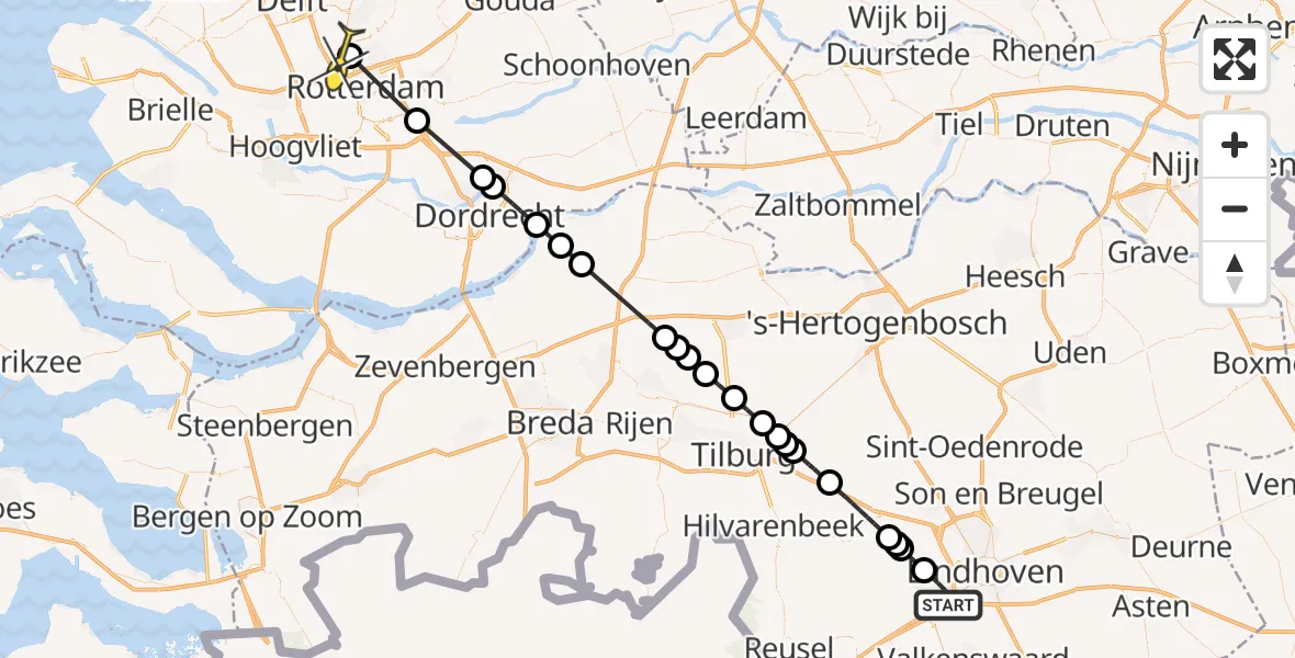 Routekaart van de vlucht: Lifeliner 2 naar Rotterdam The Hague Airport, De Run 6200