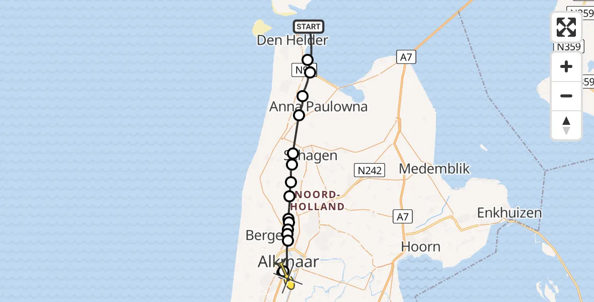Routekaart van de vlucht: Ambulancehelikopter naar Alkmaar, Het Nieuwe Diep