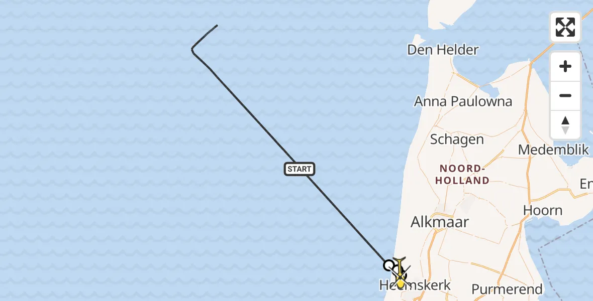 Routekaart van de vlucht: Kustwachthelikopter naar Castricum, Watervlakweg