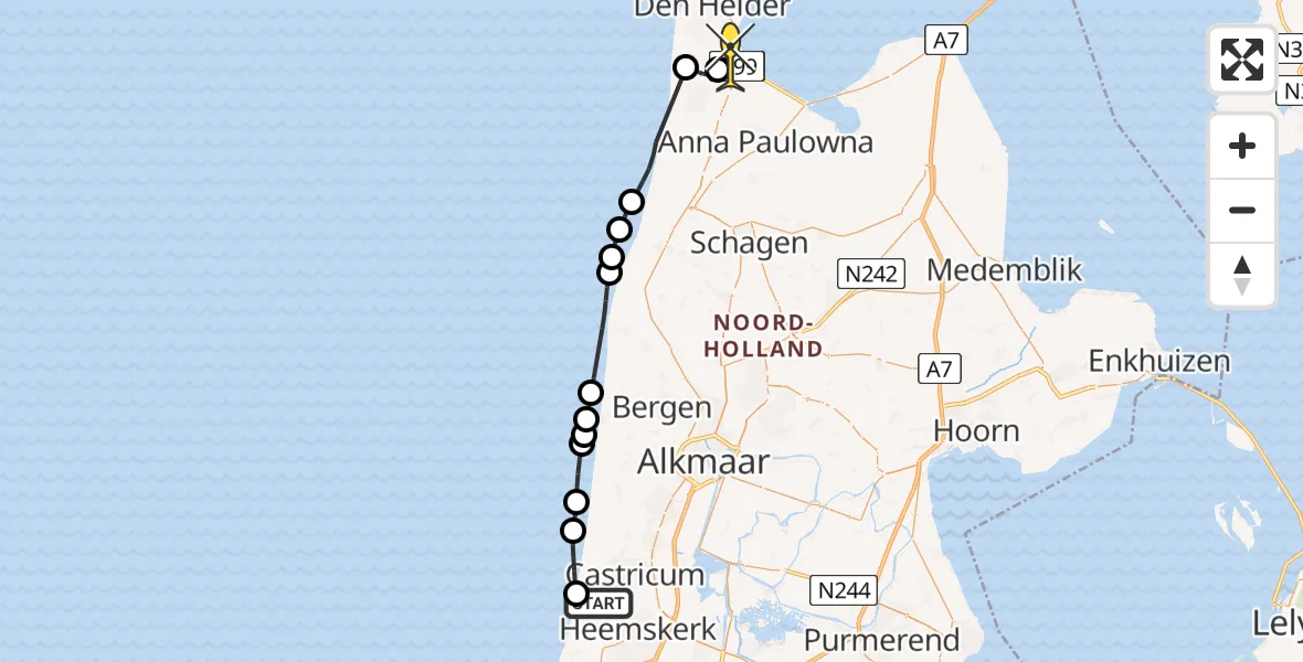 Routekaart van de vlucht: Kustwachthelikopter naar Vliegveld De Kooy, Bloembergweg