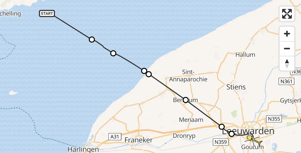 Routekaart van de vlucht: Ambulanceheli naar Leeuwarden, Aldlânsdyk