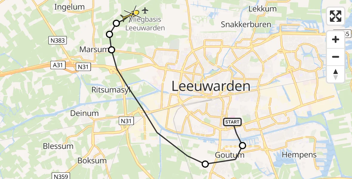 Vluchtroute Ambulancehelikopter van Leeuwarden naar Vliegbasis Leeuwarden