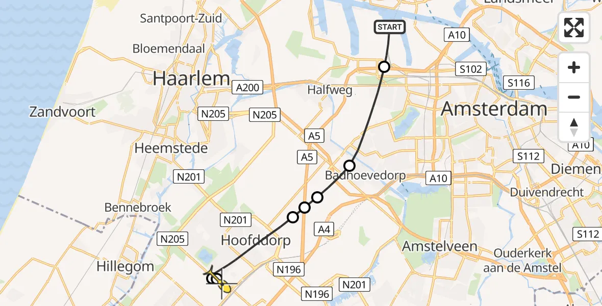 Routekaart van de vlucht: Lifeliner 1 naar Hoofddorp, Hornweg