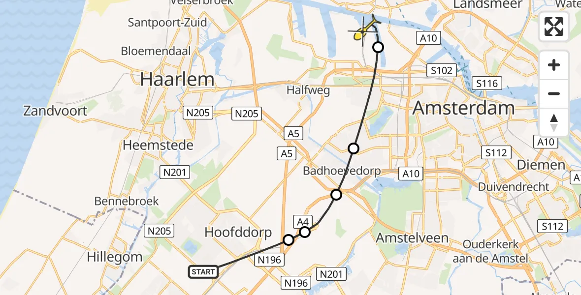 Routekaart van de vlucht: Lifeliner 1 naar Amsterdam Heliport, Jacobus Ahrendlaan