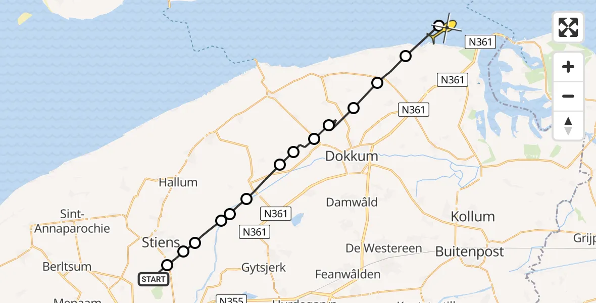 Routekaart van de vlucht: Ambulanceheli naar Anjum, Brédyk