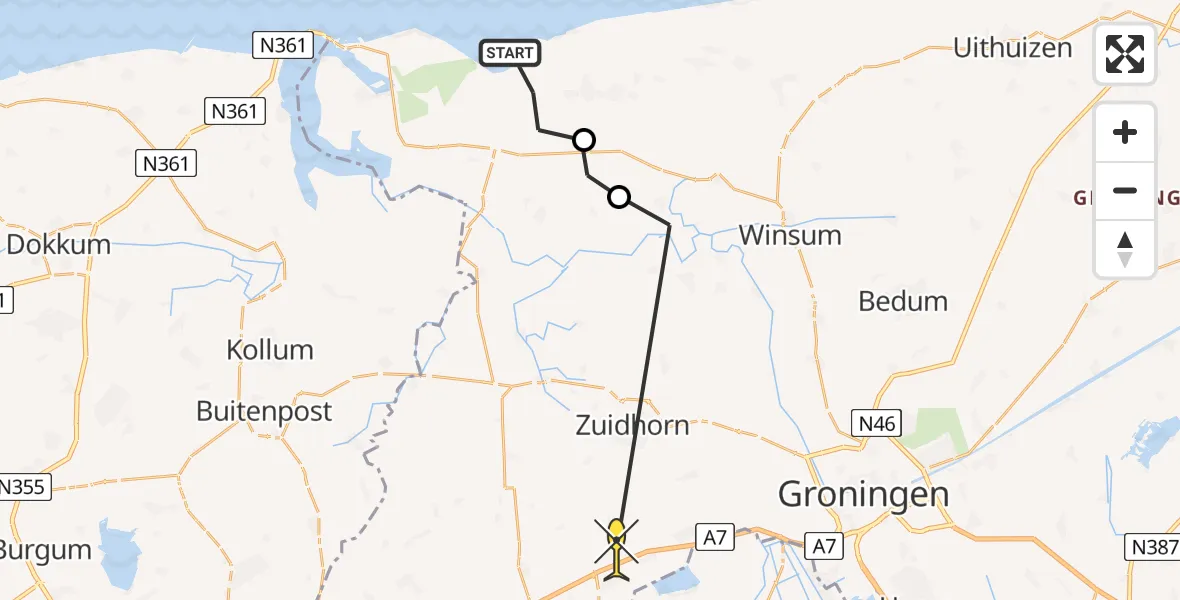 Routekaart van de vlucht: Ambulancehelikopter naar Midwolde, Ommelanderweg