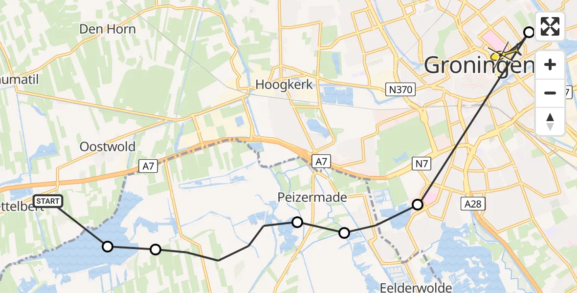 Routekaart van de vlucht: Ambulancehelikopter naar Universitair Medisch Centrum Groningen, Leekstermeer