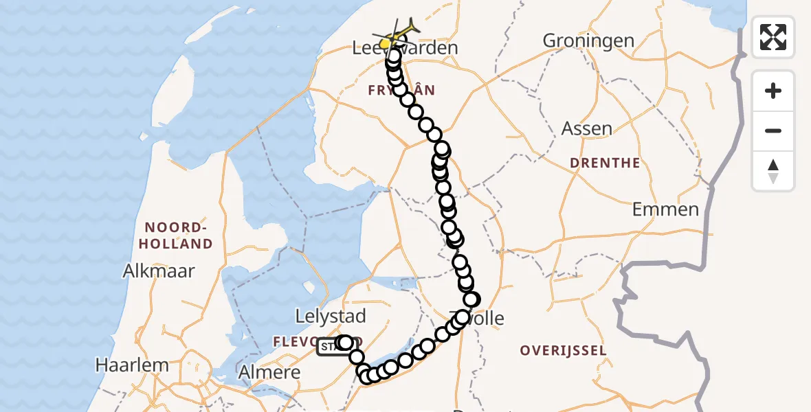 Routekaart van de vlucht: Ambulancehelikopter naar Vliegbasis Leeuwarden, Eendentocht