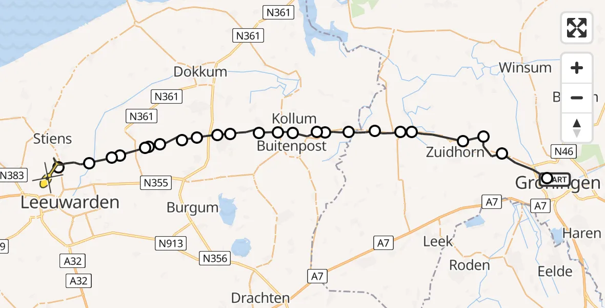Vluchtroute Ambulancehelikopter van Universitair Medisch Centrum Groningen naar Vliegbasis Leeuwarden