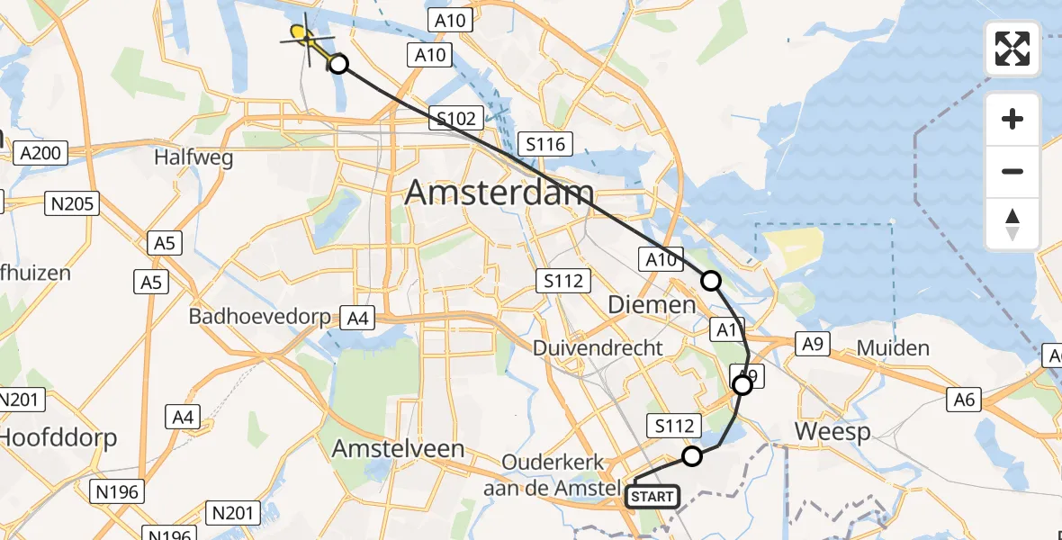 Routekaart van de vlucht: Lifeliner 1 naar Amsterdam Heliport, Meibergdreef