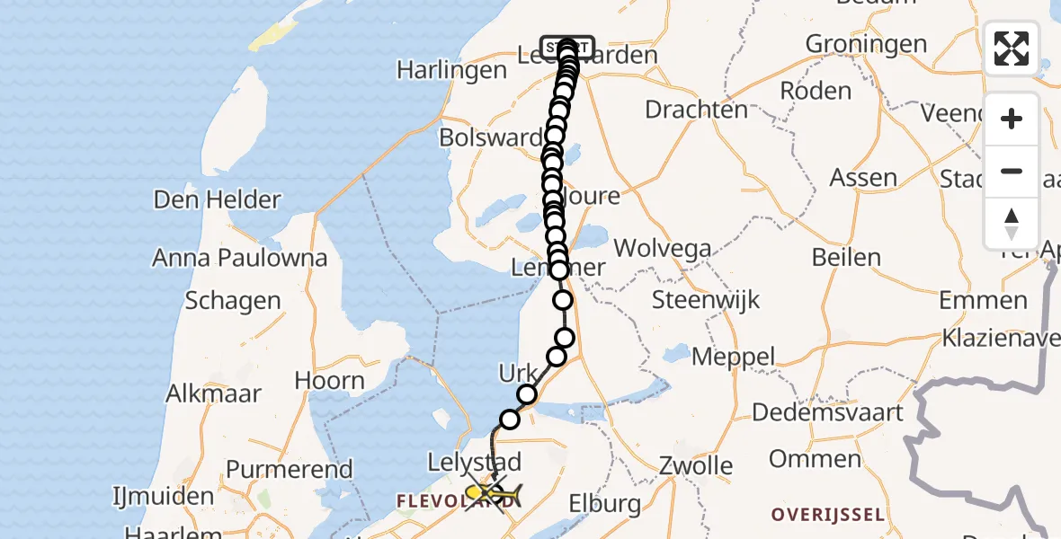 Routekaart van de vlucht: Ambulanceheli naar Lelystad Airport, Sylsterdyk