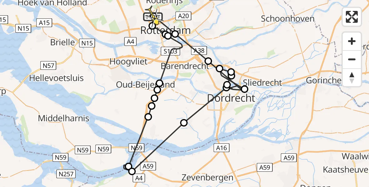 Routekaart van de vlucht: Politieheli naar Rotterdam The Hague Airport, Museum voor de verweesde Stadssculptuur