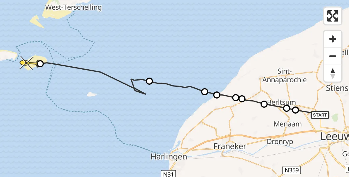 Routekaart van de vlucht: Ambulanceheli naar Vlieland, Liuwesingel