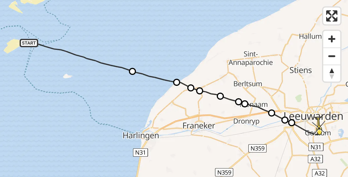 Routekaart van de vlucht: Ambulanceheli naar Leeuwarden, Aldlânsdyk