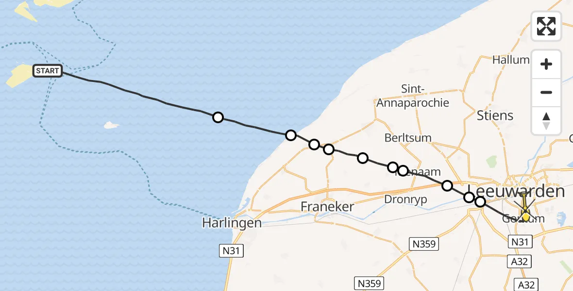 Routekaart van de vlucht: Ambulancehelikopter naar Leeuwarden, Aldlânsdyk