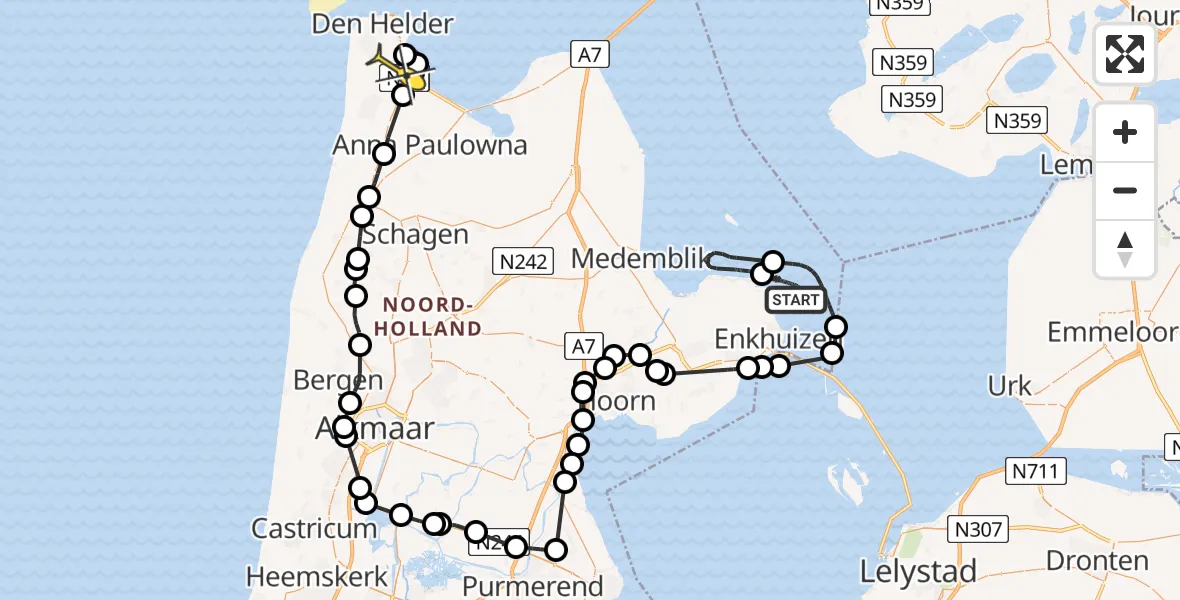 Routekaart van de vlucht: Kustwachthelikopter naar Vliegveld De Kooy, Luchthavenweg