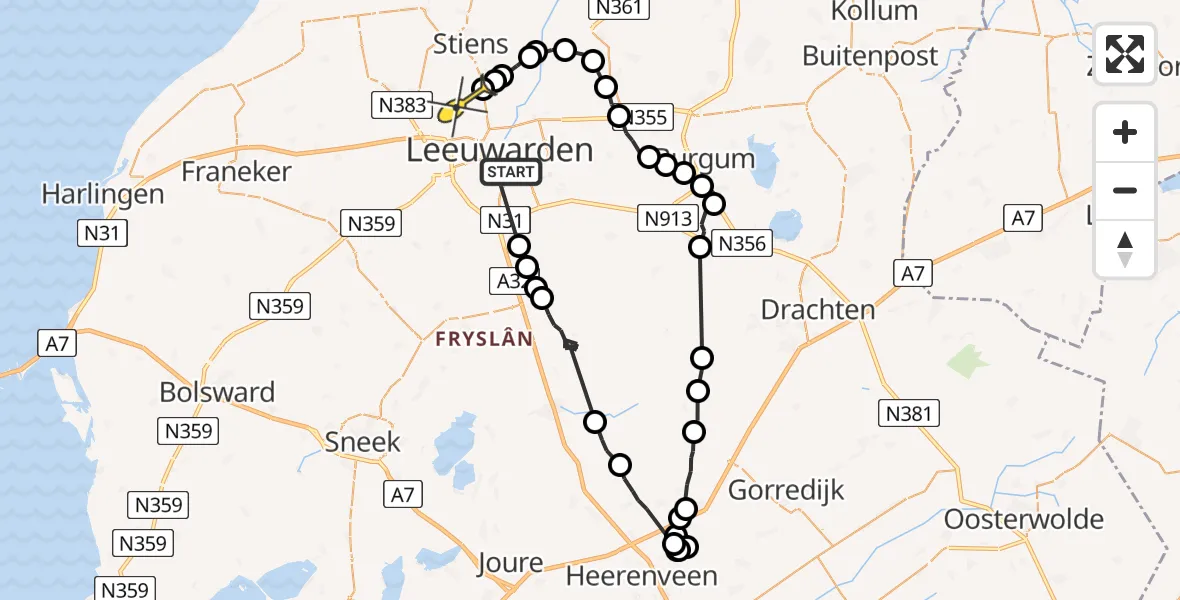 Vluchtroute Ambulancehelikopter van Leeuwarden naar Vliegbasis Leeuwarden